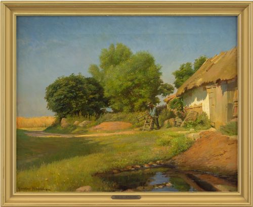Gustav Vermehren, Rural Landscape with Man Sawing Wood - Antique Oil Painting