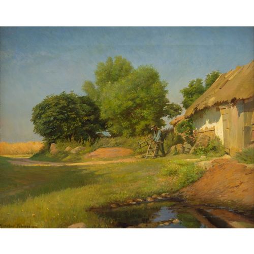 fig 1. Gustav Vermehren, Rural Landscape With Man Sawing Wood - Antique Oil Painting