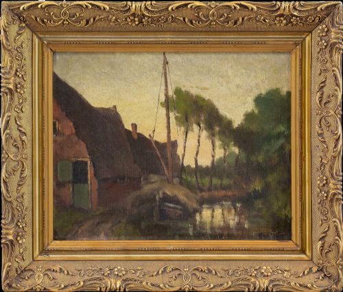 Clarence Hinkle, Tree-lined Canal View with Cottages - Antique Oil Painting