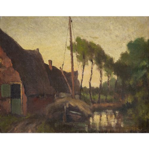 fig 1. Clarence Hinkle, Tree-Lined Canal View With Cottages - Antique Oil Painting