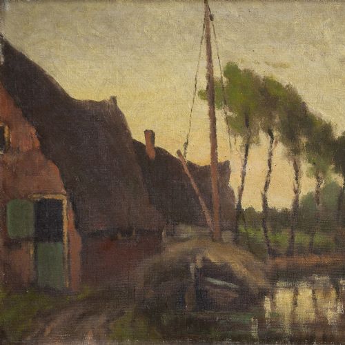 fig 2. Clarence Hinkle, Tree-Lined Canal View With Cottages - Antique Oil Painting