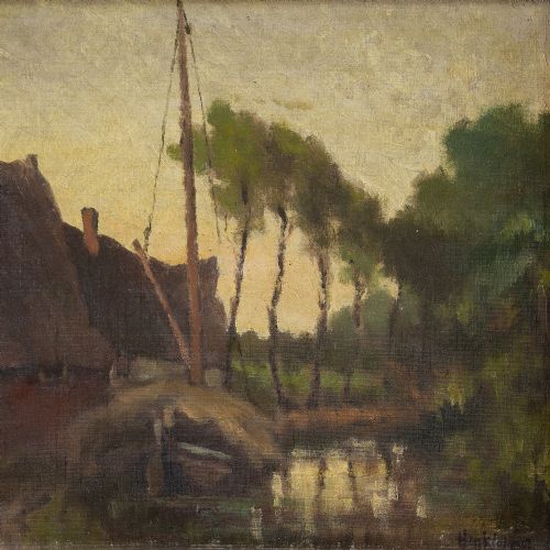 fig 3. Clarence Hinkle, Tree-Lined Canal View With Cottages - Antique Oil Painting