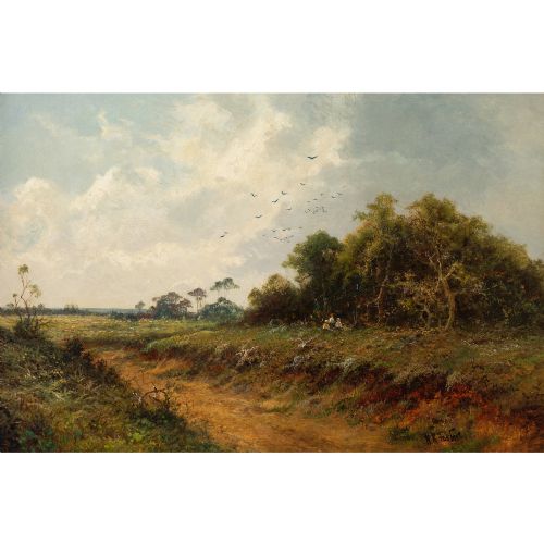 fig 1. HK Foster, Rural Landscape With Worn Track & Family Picnicking - Antique Oil Painting