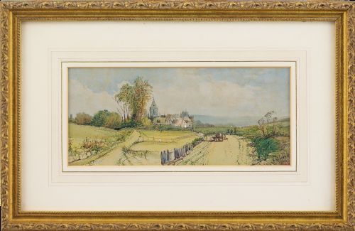 Alfred Henry Vickers, Coastal View with Church & Cattle - Antique Watercolour