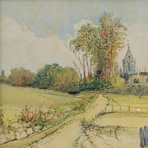 fig 1. Alfred Henry Vickers, Coastal View With Church & Cattle - Antique Watercolour