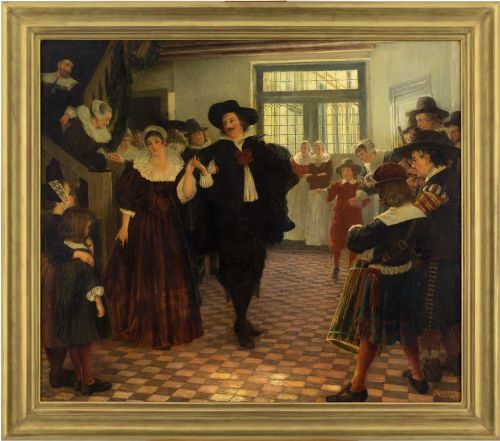 Karl Behm, a Wedding in the 17th-century - Antique Oil Painting