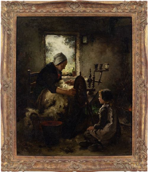 Johannes Weiland, an Afternoon of Spinning Yarn - Antique Oil Painting