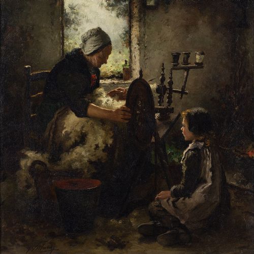 fig 1. Johannes Weiland, An Afternoon Of Spinning Yarn - Antique Oil Painting