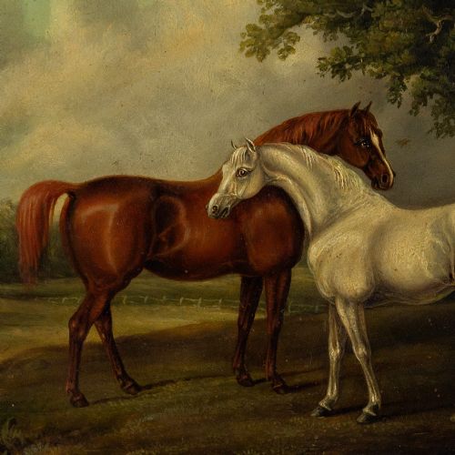 fig 1. Edwin Moseley Fox, Two Mares In A Landscape - Antique Oil Painting