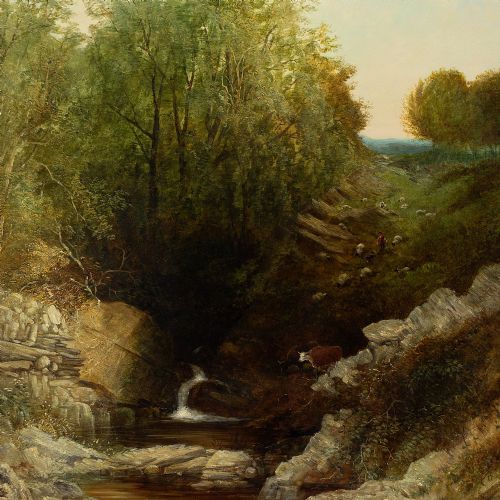 fig 1. Thomas Creswick, The Woodland Glade With Sheep And Cows Going To Water - Antique Oil Painting