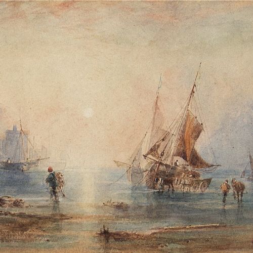 fig 3. Anthony Van Dyke Copley Fielding, Harbour At Sunset - Antique Watercolour