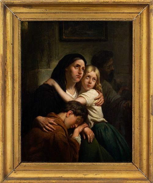 Ary Scheffer, Mother & Children in a Church Interior - Antique Oil Painting