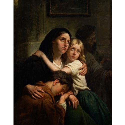 fig 1. Ary Scheffer, Mother & Children In A Church Interior - Antique Oil Painting