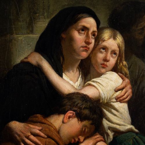 fig 2. Ary Scheffer, Mother & Children In A Church Interior - Antique Oil Painting