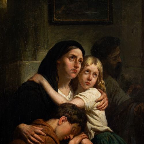 fig 3. Ary Scheffer, Mother & Children In A Church Interior - Antique Oil Painting