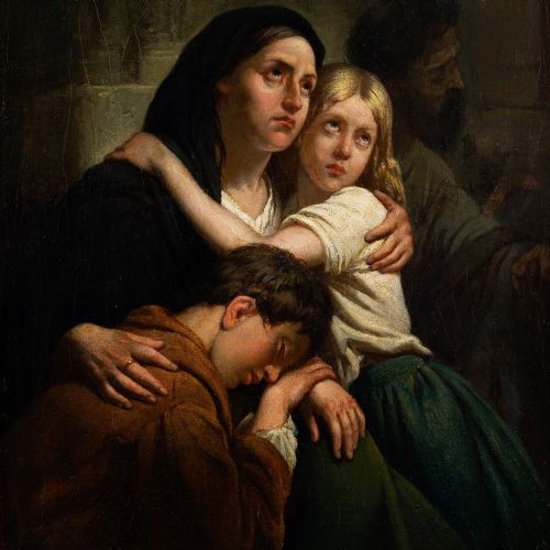 fig 4. Ary Scheffer, Mother & Children In A Church Interior - Antique Oil Painting