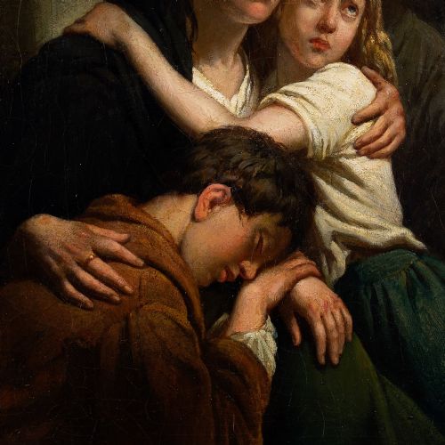 fig 5. Ary Scheffer, Mother & Children In A Church Interior - Antique Oil Painting