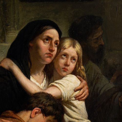 fig 6. Ary Scheffer, Mother & Children In A Church Interior - Antique Oil Painting