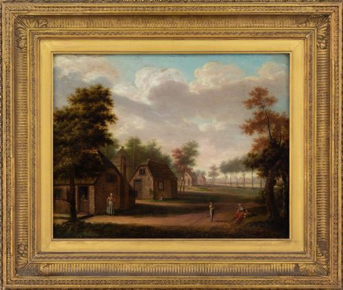 Circle of George Smith of Chichester, Village Scene with Cottages - Antique Oil Painting