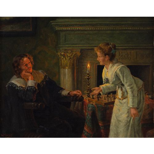 fig 1. Wilhelm Friedrich Giessel, Checkmate - Antique Oil Painting