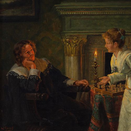 fig 2. Wilhelm Friedrich Giessel, Checkmate - Antique Oil Painting