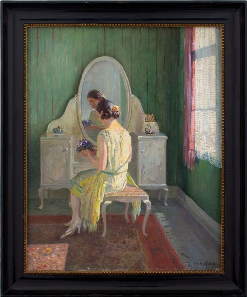 Robert Panitzsch, Interior Scene with Lady at Dressing Table - Antique Oil Painting