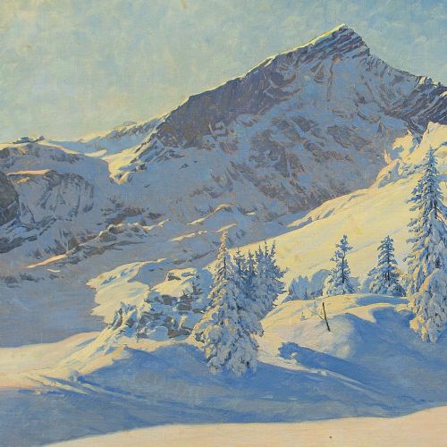 fig 1. Max Märtens, Alpine Landscape With Fir Trees - Vintage Oil Painting