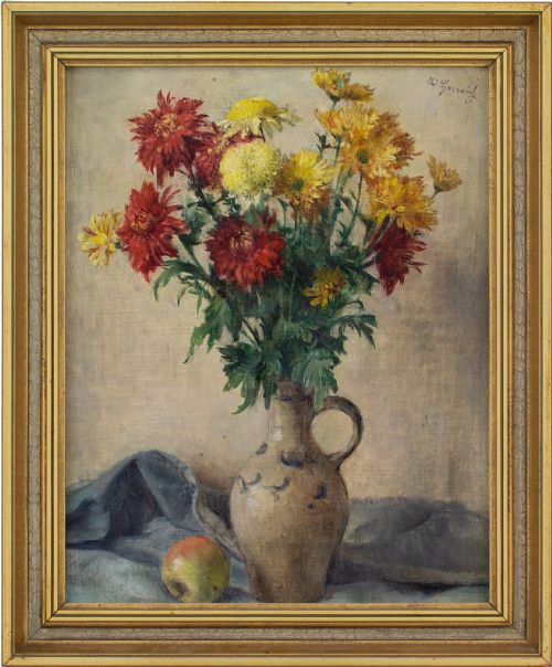 Albert Henrich, Still Life with Flowers, Vase & Apple - Vintage Oil Painting
