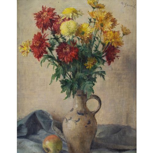 fig 1. Albert Henrich, Still Life With Flowers, Vase & Apple - Vintage Oil Painting