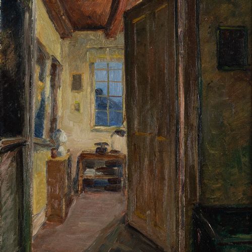 fig 1. Jacob Meyer, Interior Scene With Open Door - Vintage Oil Painting