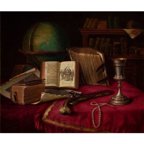 fig 1. Follower Of Edwaert Collier, Vanitas With Globe, Books & Pistol - Antique Oil Painting