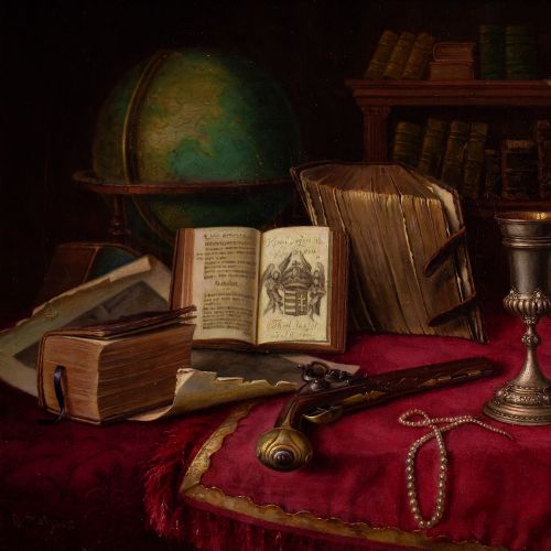 fig 2. Follower Of Edwaert Collier, Vanitas With Globe, Books & Pistol - Antique Oil Painting