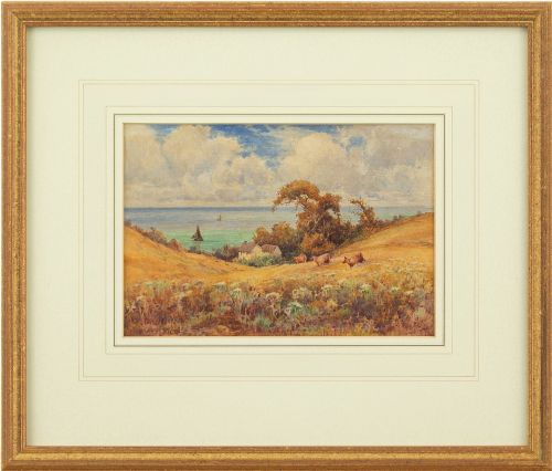 19th-century British School, Coastal Landscape with Cattle - Antique Watercolour