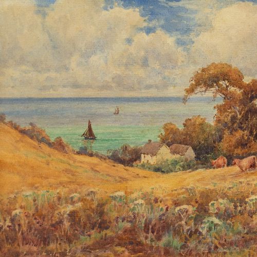 fig 1. 19th-Century British School, Coastal Landscape With Cattle - Antique Watercolour