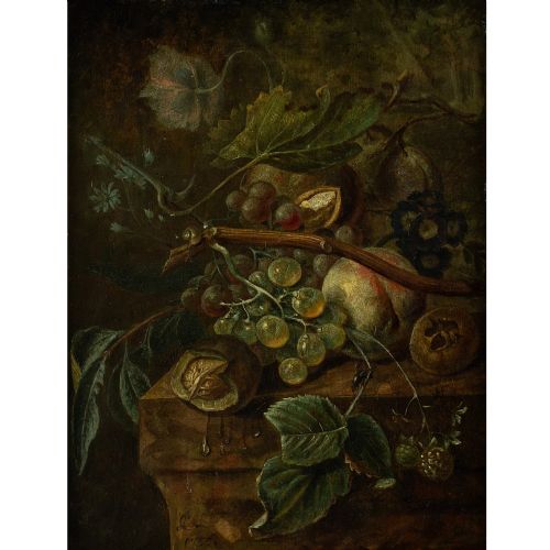 fig 1. 18th-Century Flemish Still Life With Fruit, Flowers & Foliage - Antique Oil Painting