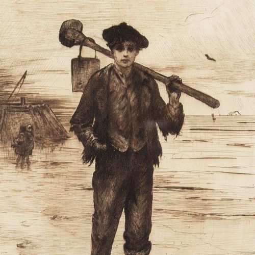 fig 1. Otto Leyde, Digging For Shellfish - Antique Etching