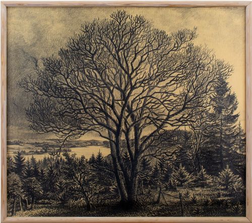 Mads Stage, River Landscape with Tree - Large Antique Charcoal Drawing