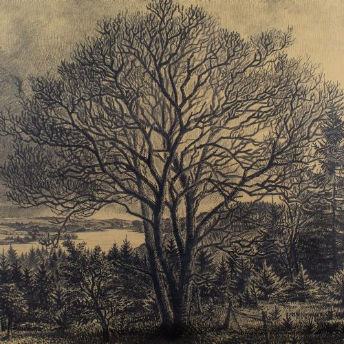 fig 2. Mads Stage, River Landscape With Tree - Large Antique Charcoal Drawing