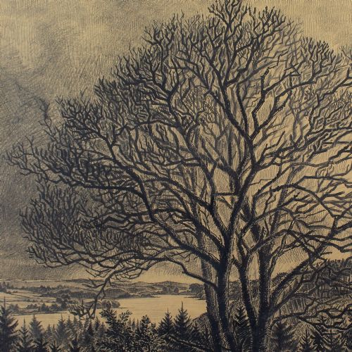 fig 3. Mads Stage, River Landscape With Tree - Large Antique Charcoal Drawing