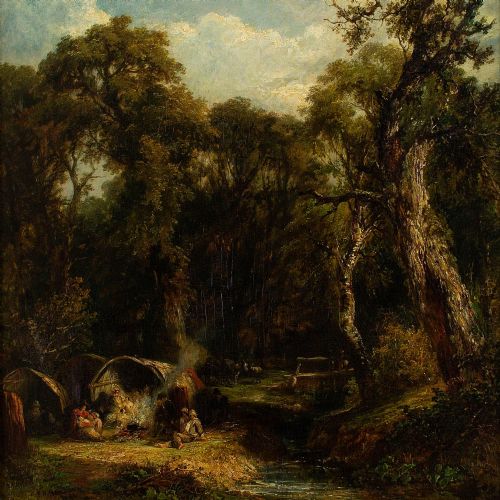 fig 1. Frederick Henry Henshaw, A Gypsy Encampment - Antique Oil Painting