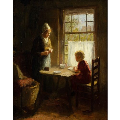 fig 1. Bernard de Hoog, The Evening Meal - Antique Oil Painting