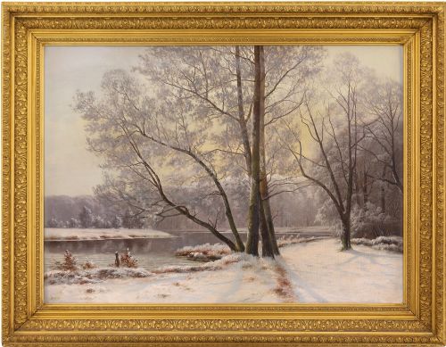 19th-century Danish School, River Landscape with Birch Trees - Antique Oil Painting