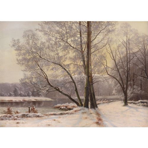 fig 1. 19th-Century Danish School, River Landscape With Birch Trees - Antique Oil Painting