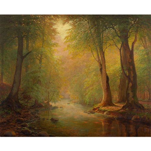 fig 1. Peter Busch, Forest Landscape With Stream - Large Antique Oil Painting