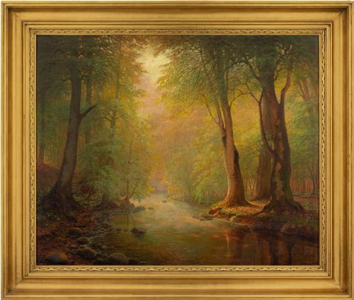 Peter Busch, Forest Landscape with Stream - Large Antique Oil Painting
