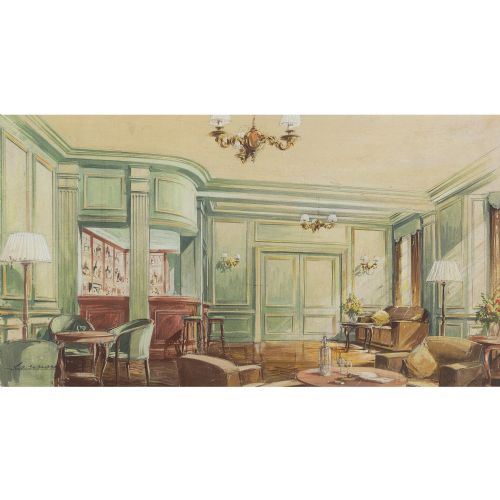 fig 1. 1930s Design For A London Clubhouse - Vintage Watercolour