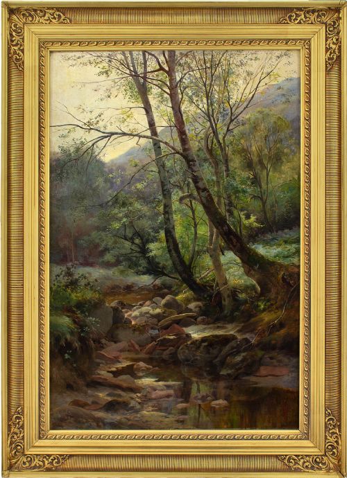 19th-century Danish School, Forest Landscape with Stream, Antique Oil Painting