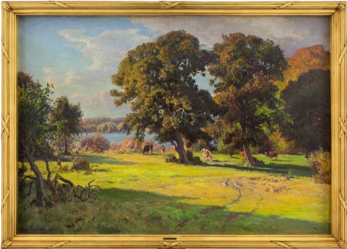 Viggo Pedersen, Oak Trees Near Skarridsø on Zealand, Antique Oil Painting