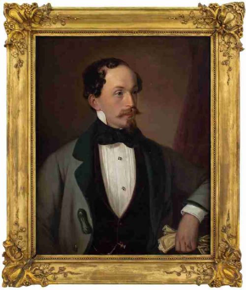 19th-century Austrian School, Portrait of a Gentleman with a Bowtie & Gloves, Antique Painting