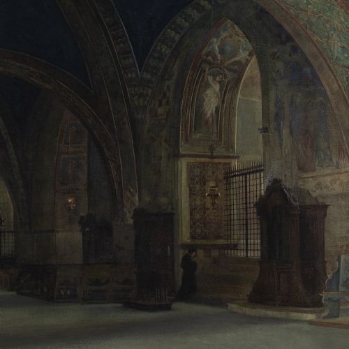 fig 1. Carlo Ferrari, The Lower Basilica Of Saint Francis Of Assisi, Italy - Antique Watercolour